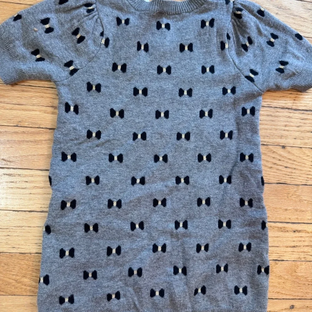 Carters Toddler Girls 4T Gray Bow Print Short Sleeve Sweater Dress Metallic Gold